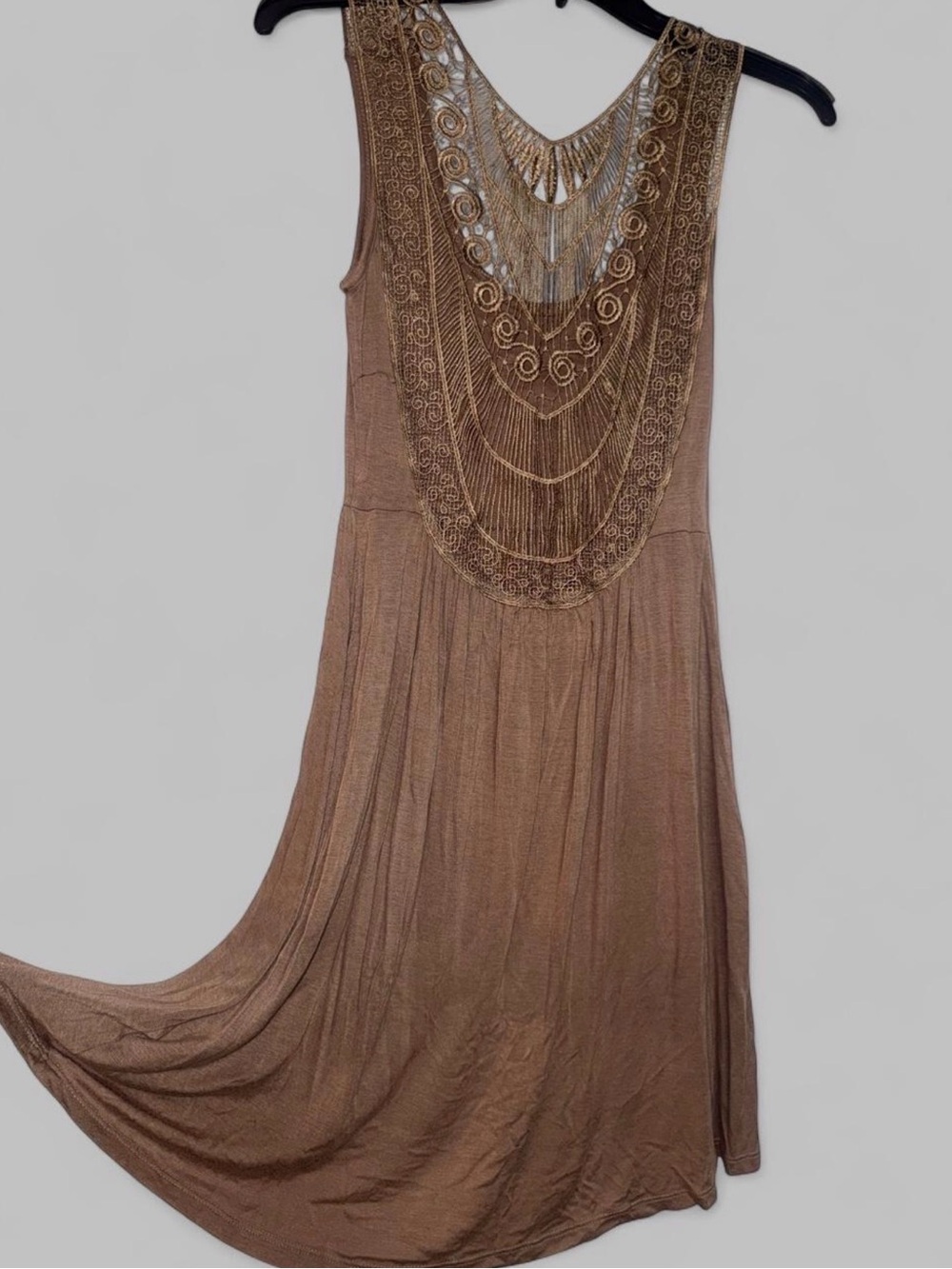 Boho Crochet-Detail Sleeveless Dress in Brown